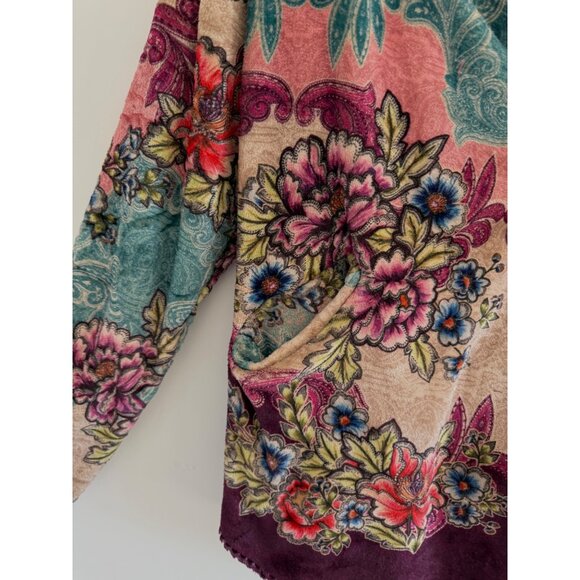 Johnny Was BIYA Sherpa Lined Floral Hoodie Jacket Boho Artwear Velvet M Jewelton - Picture 12 of 16